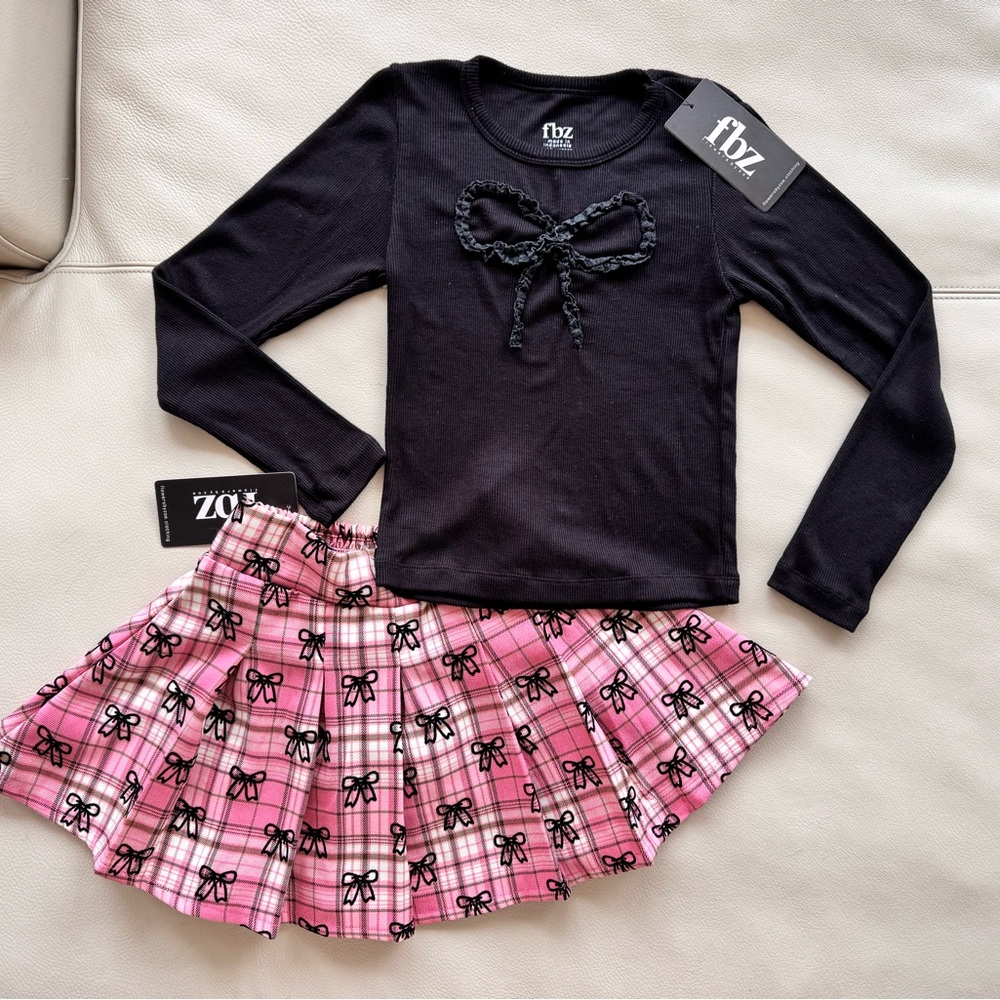 NWT FLOWERS BY ZOE FBZ Girls Pink Plaid Bow Skort & LS Top Outfit Size 6x $125